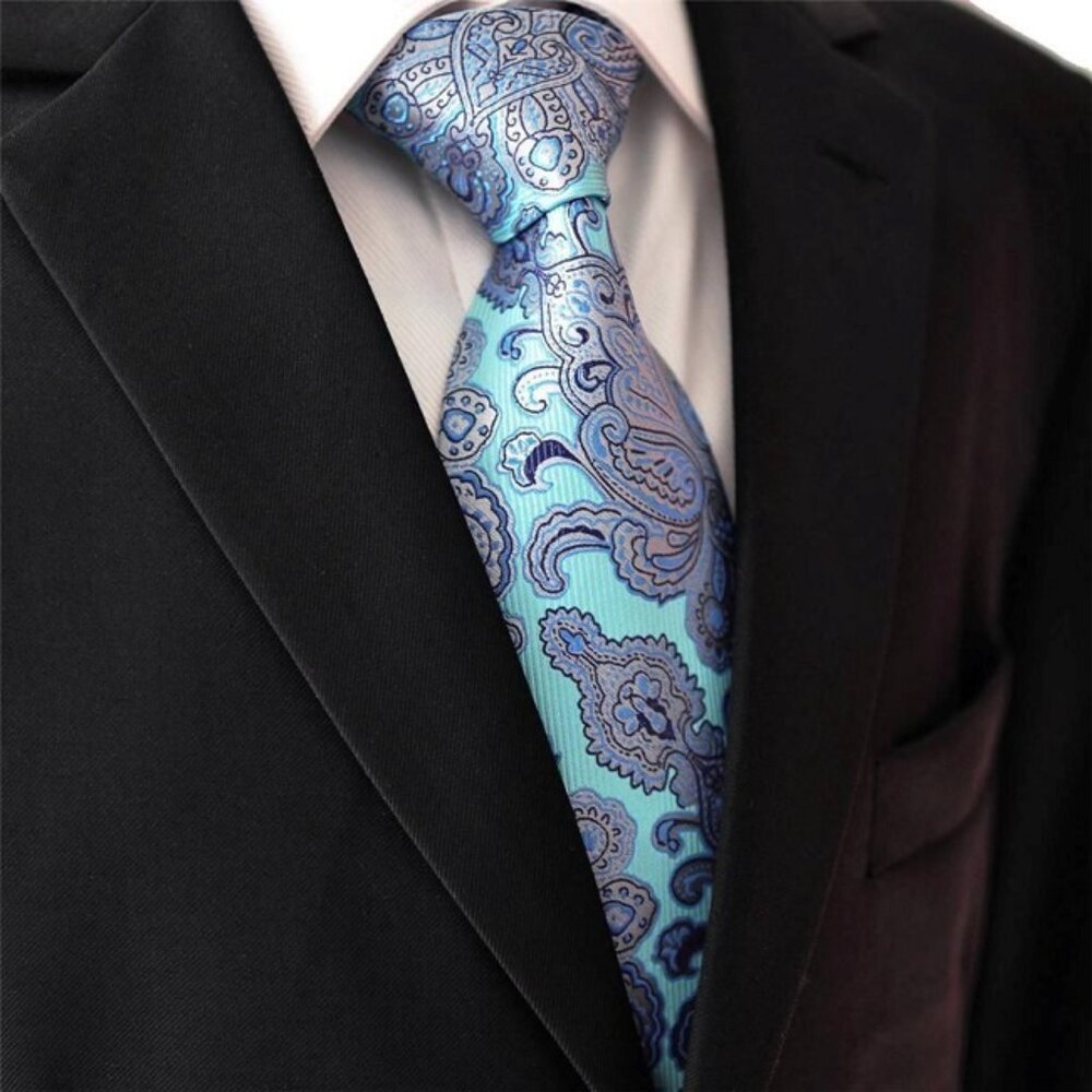 Blue Turquoise Silver Paisley DESIGN 100% SILK TIE Jacquard Woven Holographic Ne